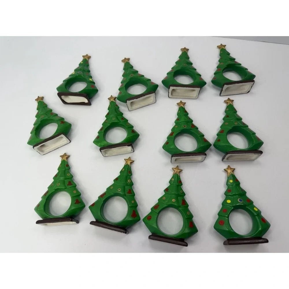 Hand painted Ceramic Christmas Tree Napkin Ring Holder Holiday Home Decor Lot 12